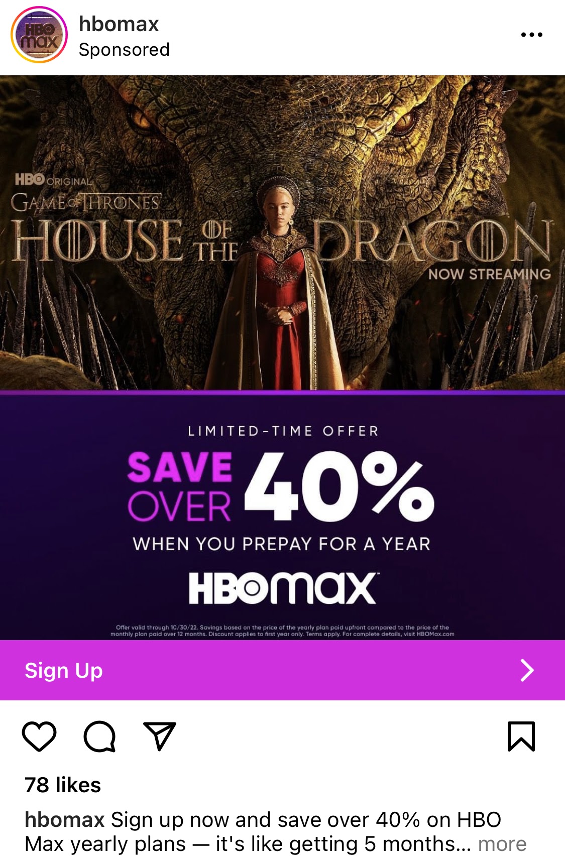 HBO Max House of Dragon sponsored ad on Instagram