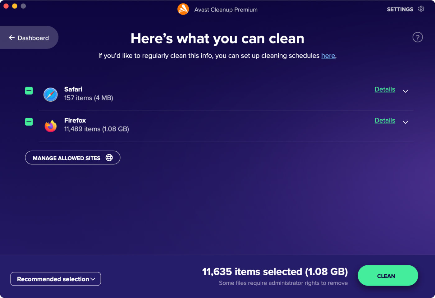 Clear cache on Mac with the Avast Cleanup Clean browser option
