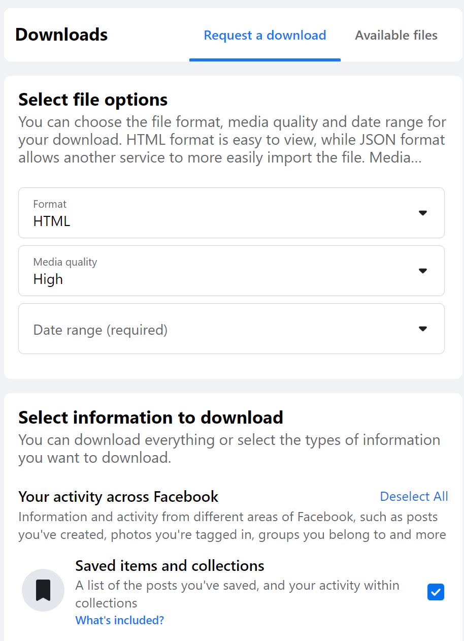 Selecting which information to download from Facebook