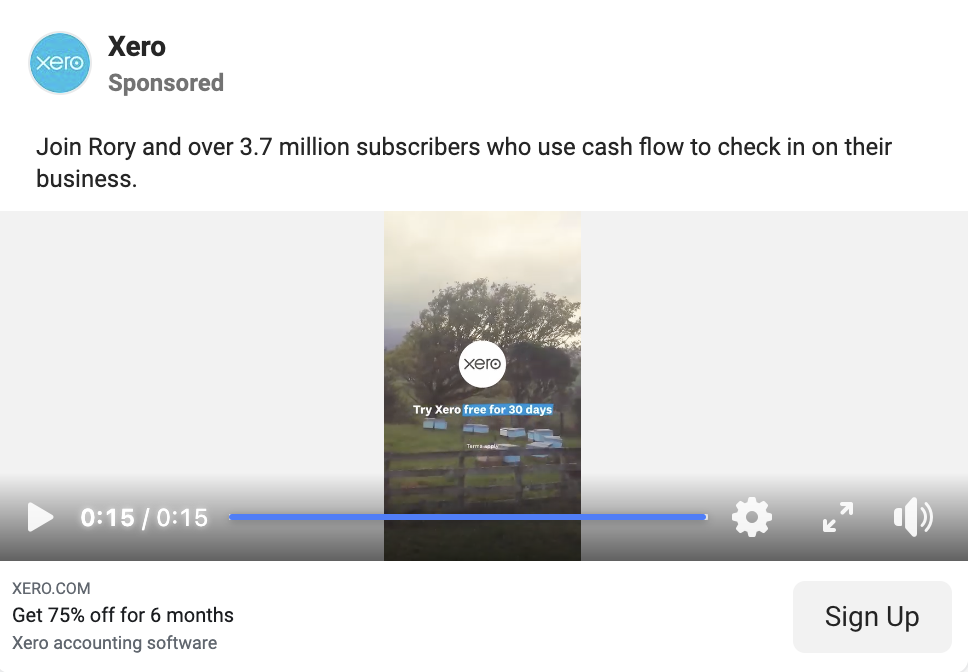 Xero's Facebook testimonial video ad featuring a steep discount.