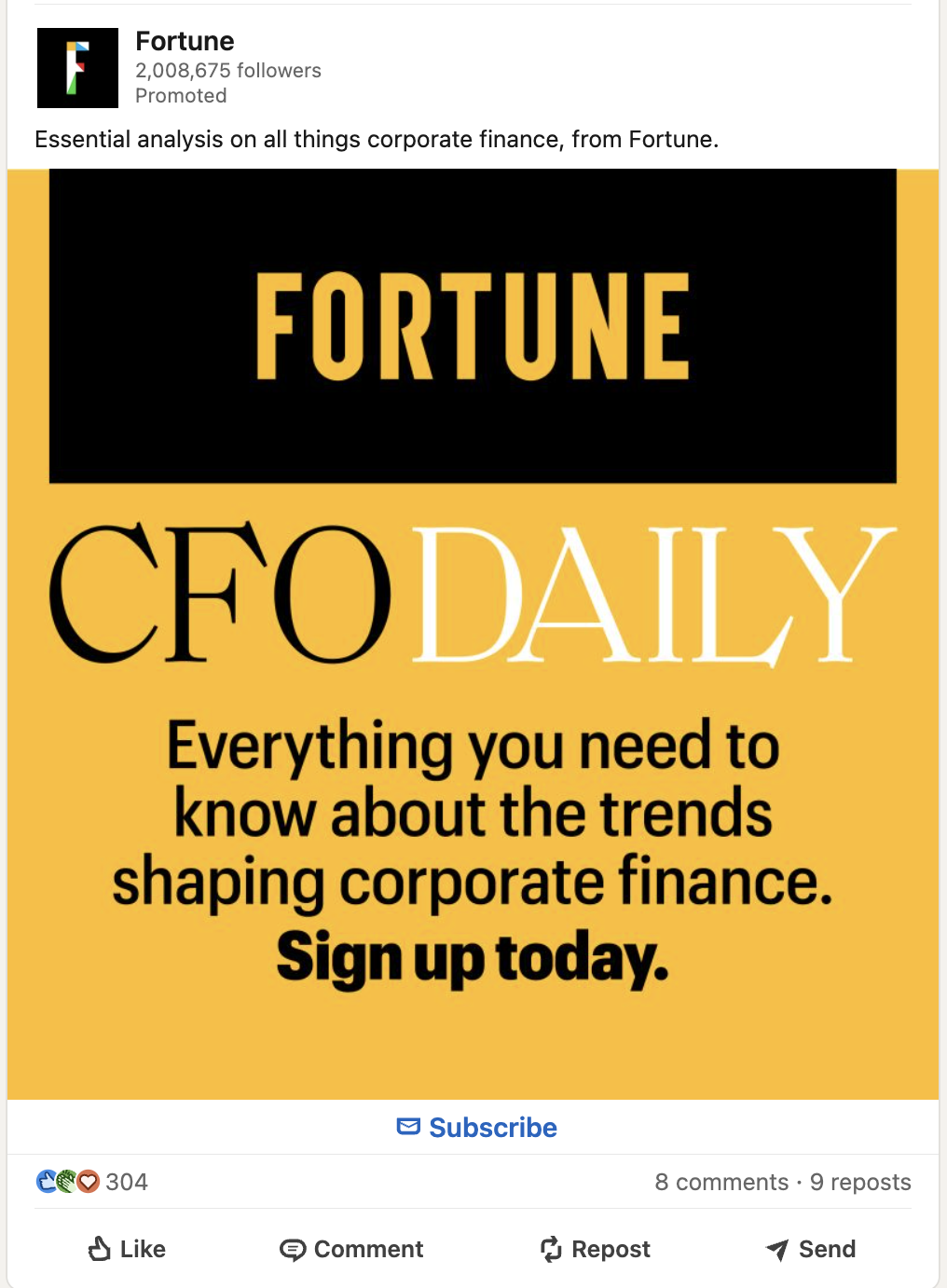 A LinkedIn lead gen ad example from Fortune, suggesting people sign up for a newsletter. CTA: Subscribe