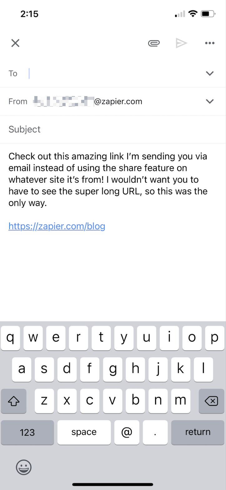 Hyperlinked URL at the bottom of a draft message in the Gmail mobile app.