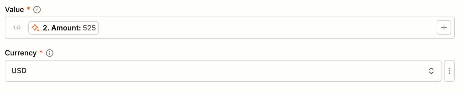 Filled-out Value and Currency fields in the Facebook Conversions action step