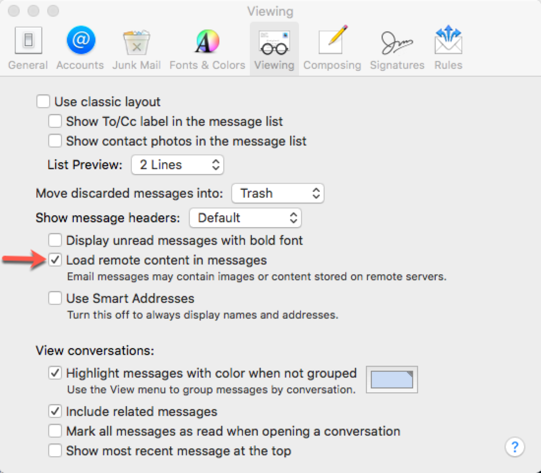 Load remote content in images button in Mail for Mac