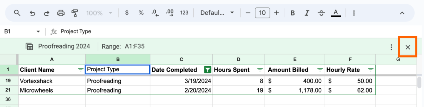 A filter view in Google Sheets with the option to exit the view highlighted above the spreadsheet.