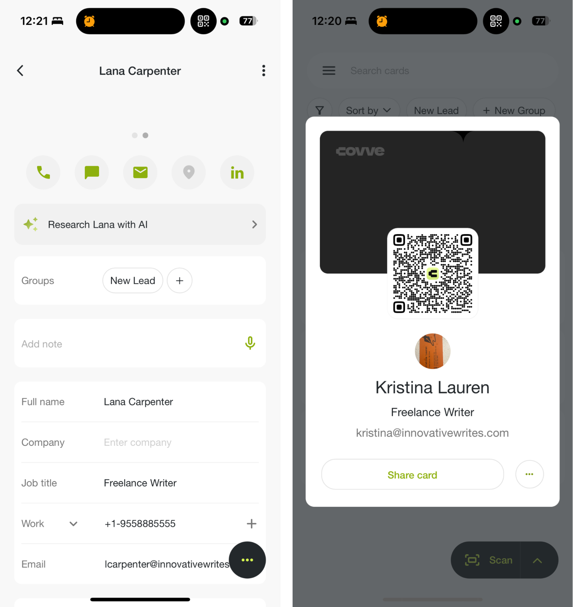 Covve, our pick for the best business card scanning app for smart contact enrichment