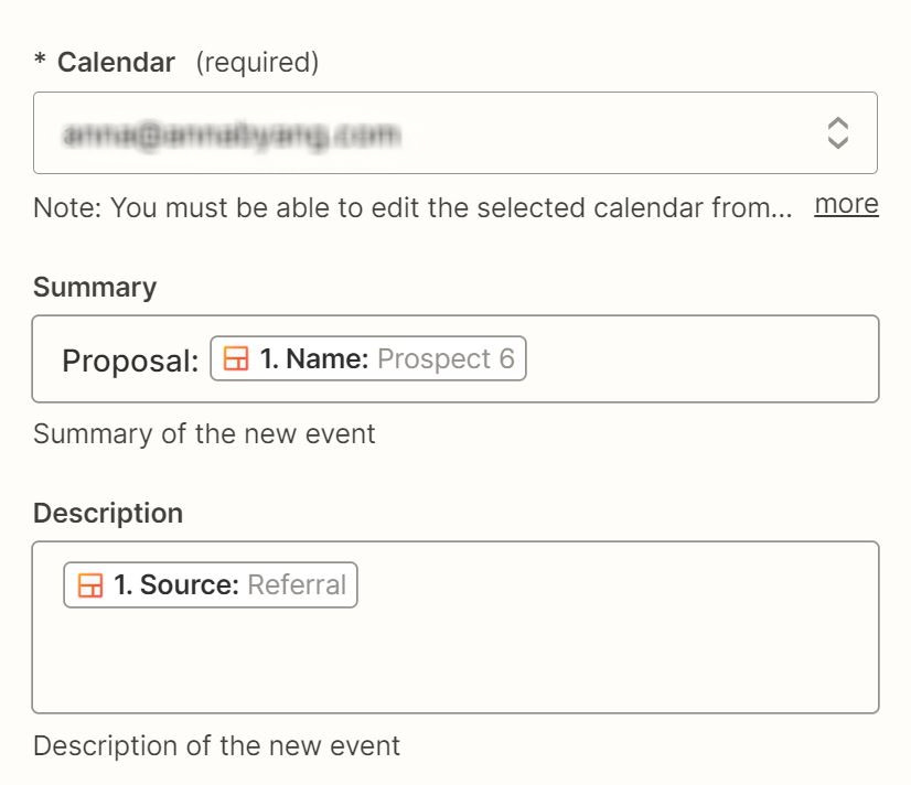An action step in the Zap editor with summary and description fields shown for a calendar step.