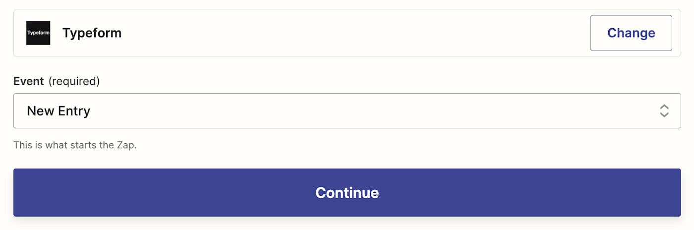 The Typeform app logo above the field titled Event with New Entry selected in the dropdown for the trigger event.