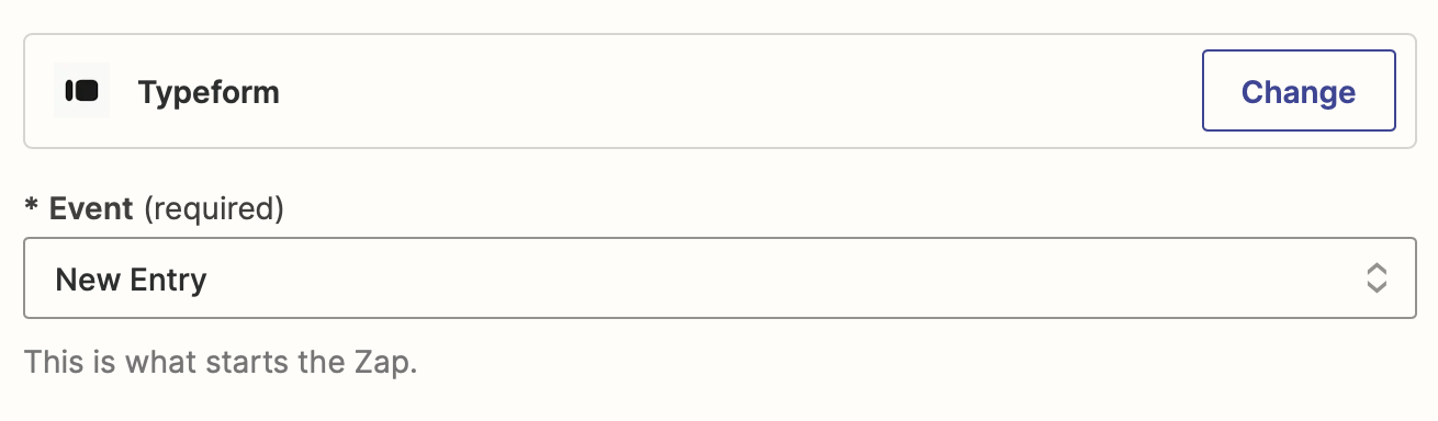 The Typeform app logo above the field titled Event with New Entry selected in the dropdown for the trigger event.