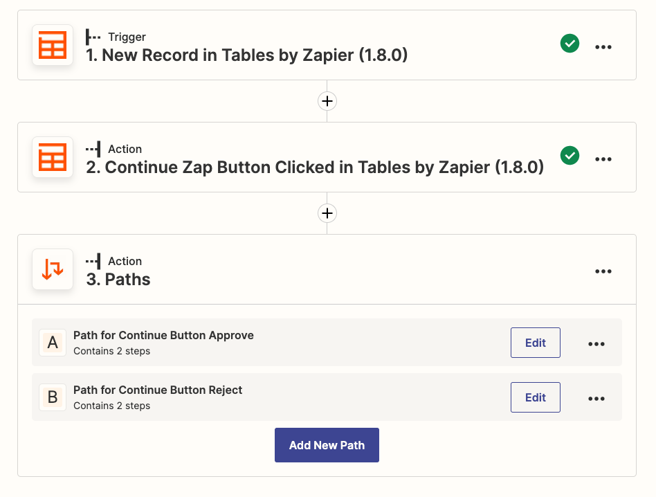 Create an approval workflow in the Zap editor using Tables and Paths.