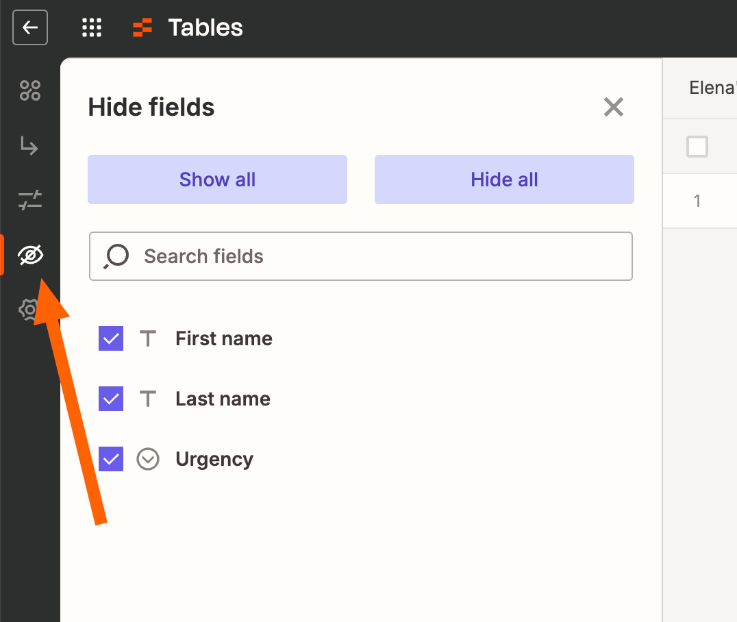 Screenshot of hide view icon in Tables