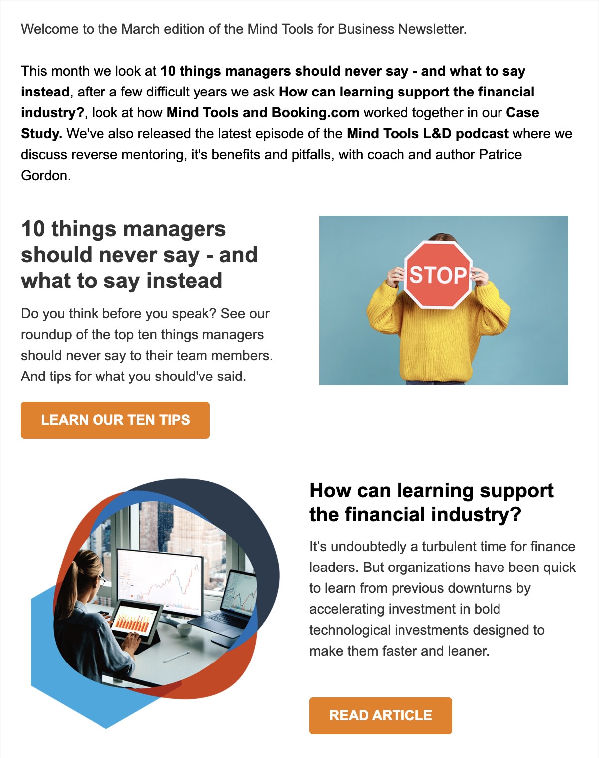 Screenshot of a newsletter email from Mind Tools for Business