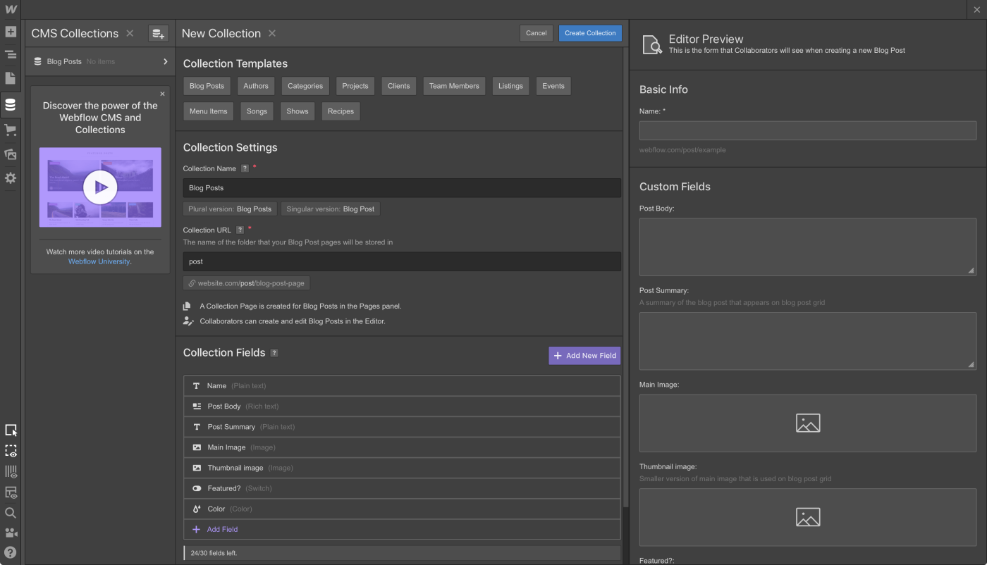 A view of the Webflow back end.