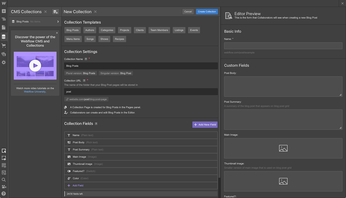 A view of the Webflow back end.