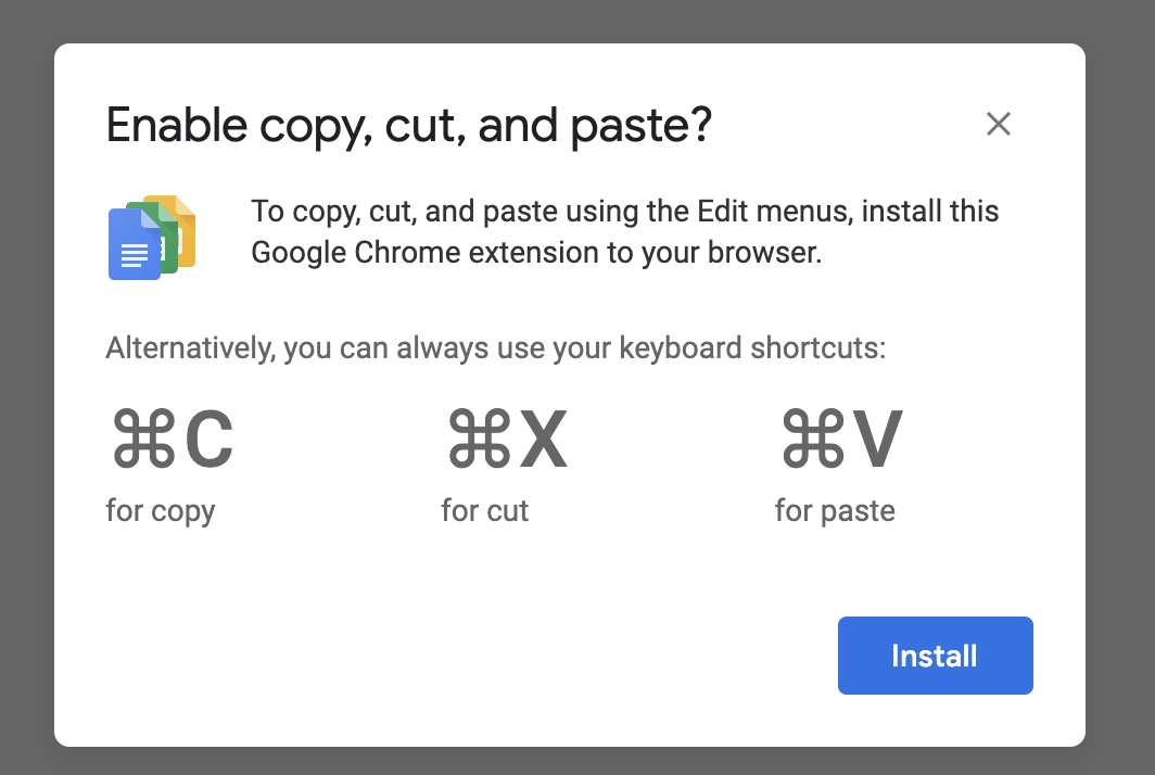 To copy, cut, and paste using the Edit menus, install this Google Chrome extension to your browser.