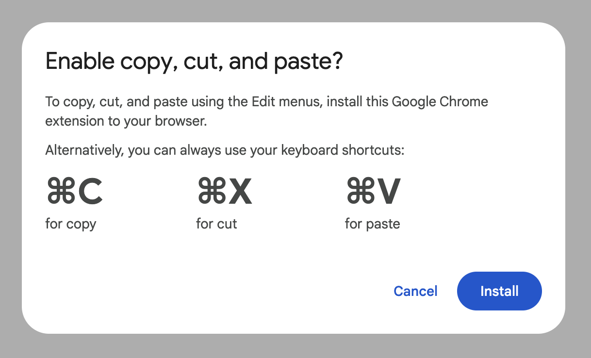 To copy, cut, and paste using the Edit menus, install this Google Chrome extension to your browser.