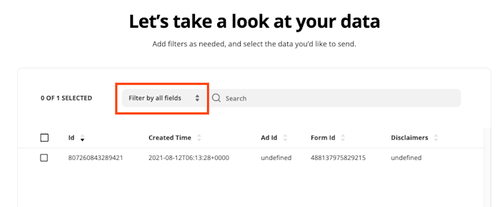 A red box highlights a dropdown to filter the data you'd like to send in Transfer.