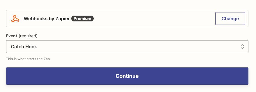 Webhooks by Zapier is the trigger app and "Catch Hook" is the event.