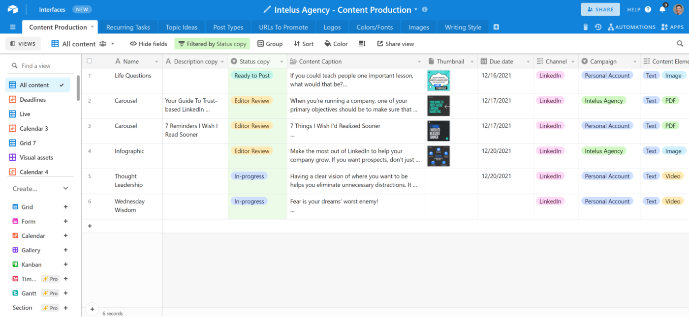 A screenshot of Intelus Agency's content production Airtable base, with columns for Name, Description copy, Status copy, Content Caption, Thumbnail, Due date, Channel, Campaign, and Content Element