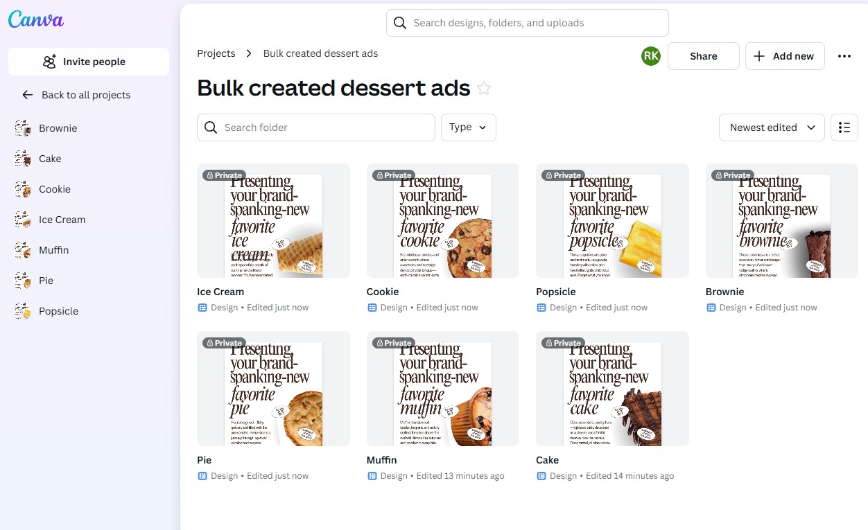 The results of the bulk asset creation with Canva AI
