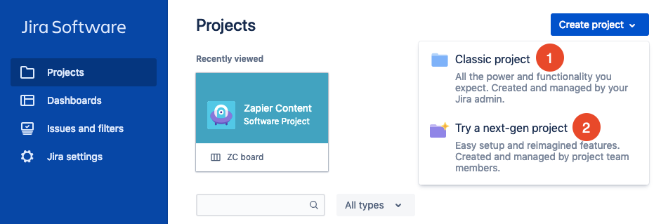 choose a template type for a new Jira project