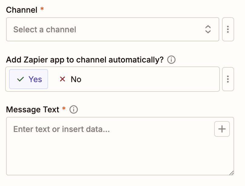 The Channel and Message Text fields in a Slack action in a Zap.