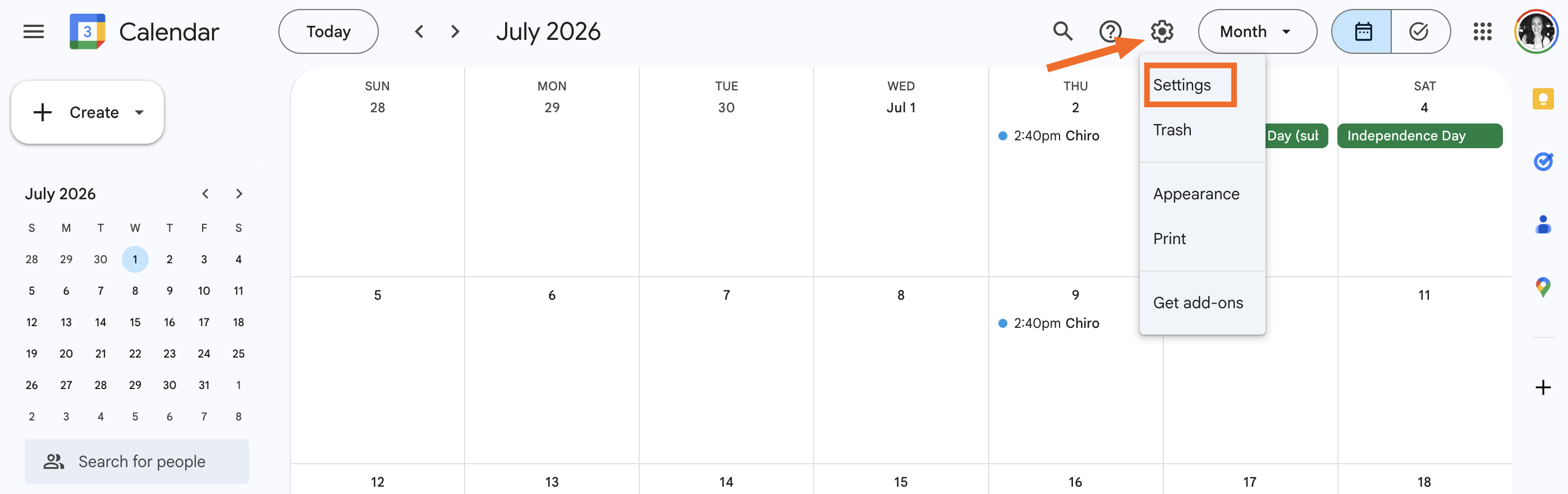 A Google Calendar with an arrow pointed to the gear icon