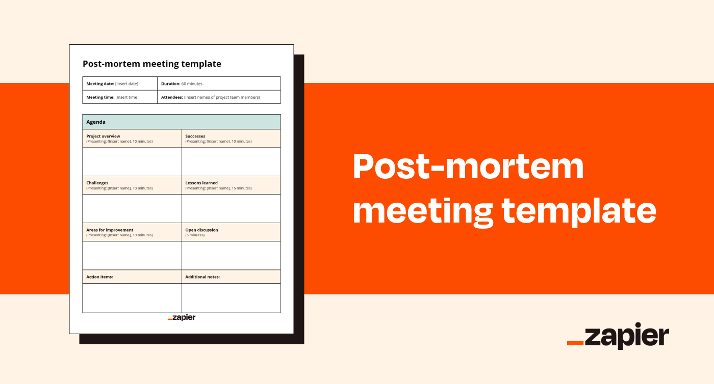 Screenshot of Zapier's post-mortem meeting template on an orange background