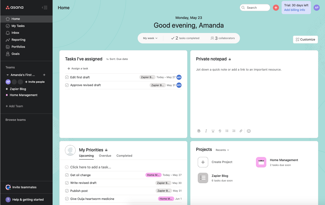 Screenshot of Asana's homepage