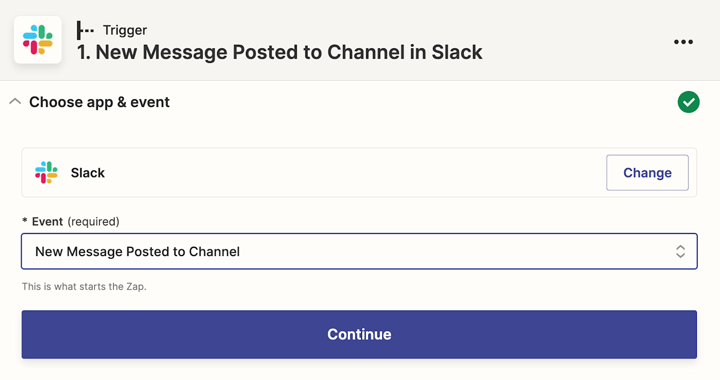 A screenshot of setting up a Slack trigger event in the Zapier editor.