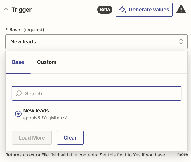 New Leads has been selected in the Base field in an Airtable trigger step in the Zap editor.