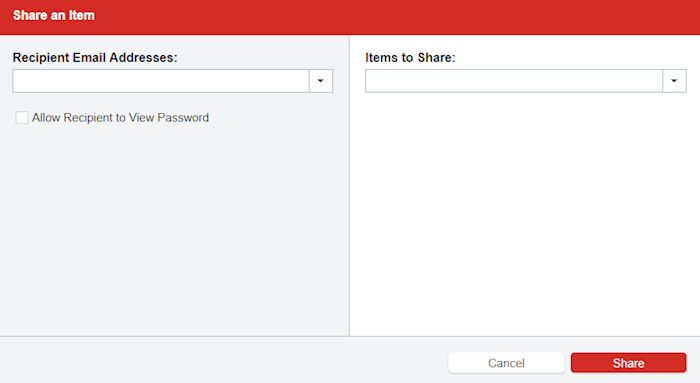 The sharing center in LastPass, opened to share a single login with another user