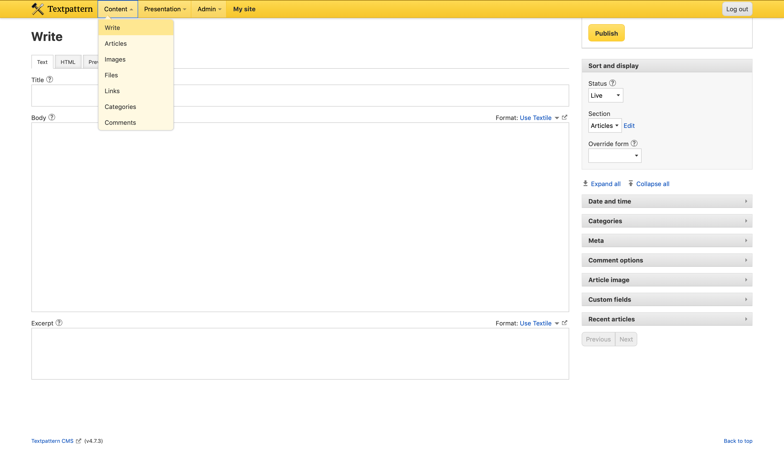 The Textpattern post creation screen is clean and easy to navigate.