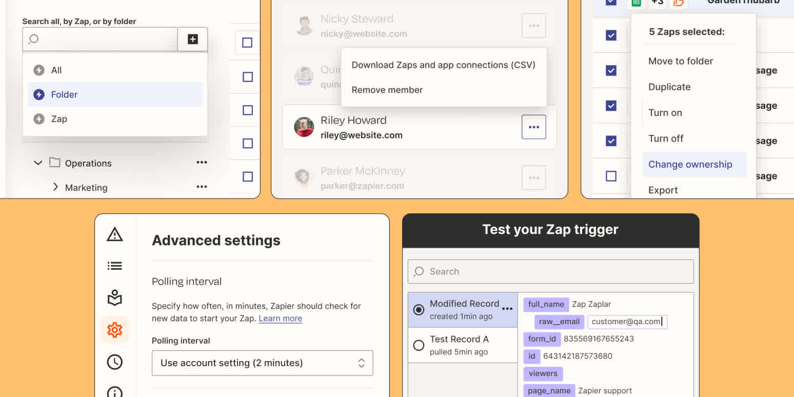 Collage of new features in Zapier. Clockwise from left to right: search by folder name, remove members, bulk change Zap ownership, test records, and polling intervals.