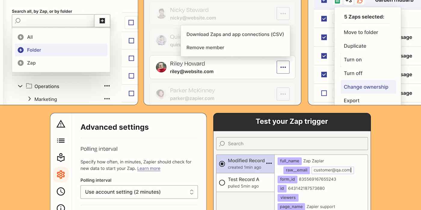 Collage of new features in Zapier. Clockwise from left to right: search by folder name, remove members, bulk change Zap ownership, test records, and polling intervals. 