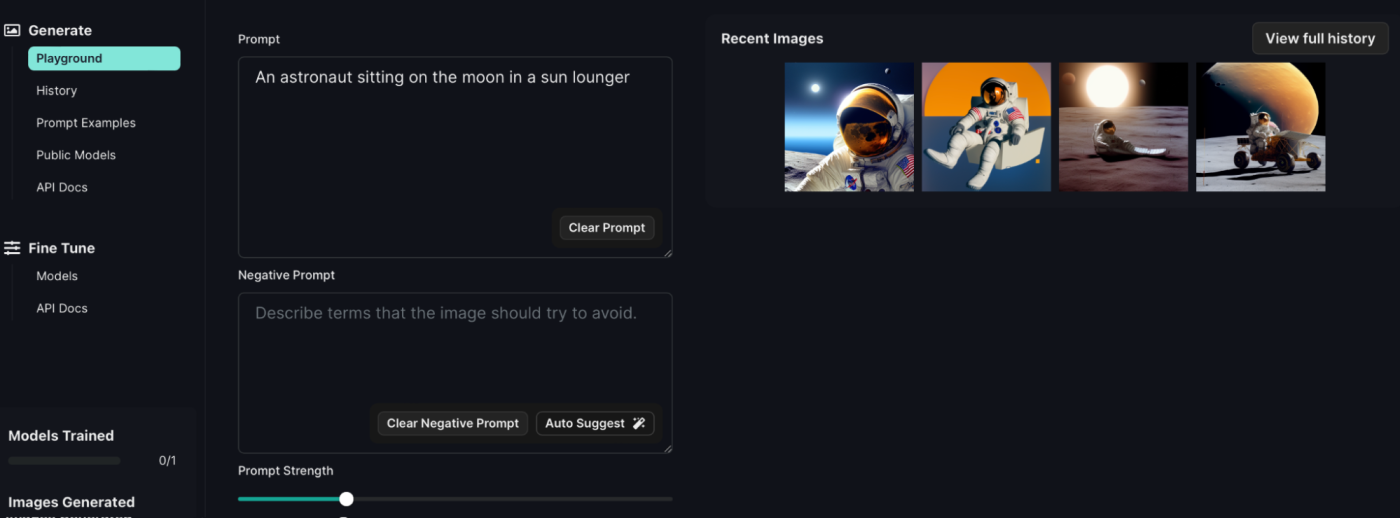 Four images of an astronaut sitting on the moon in a sun lounger, in the Leap AI playground