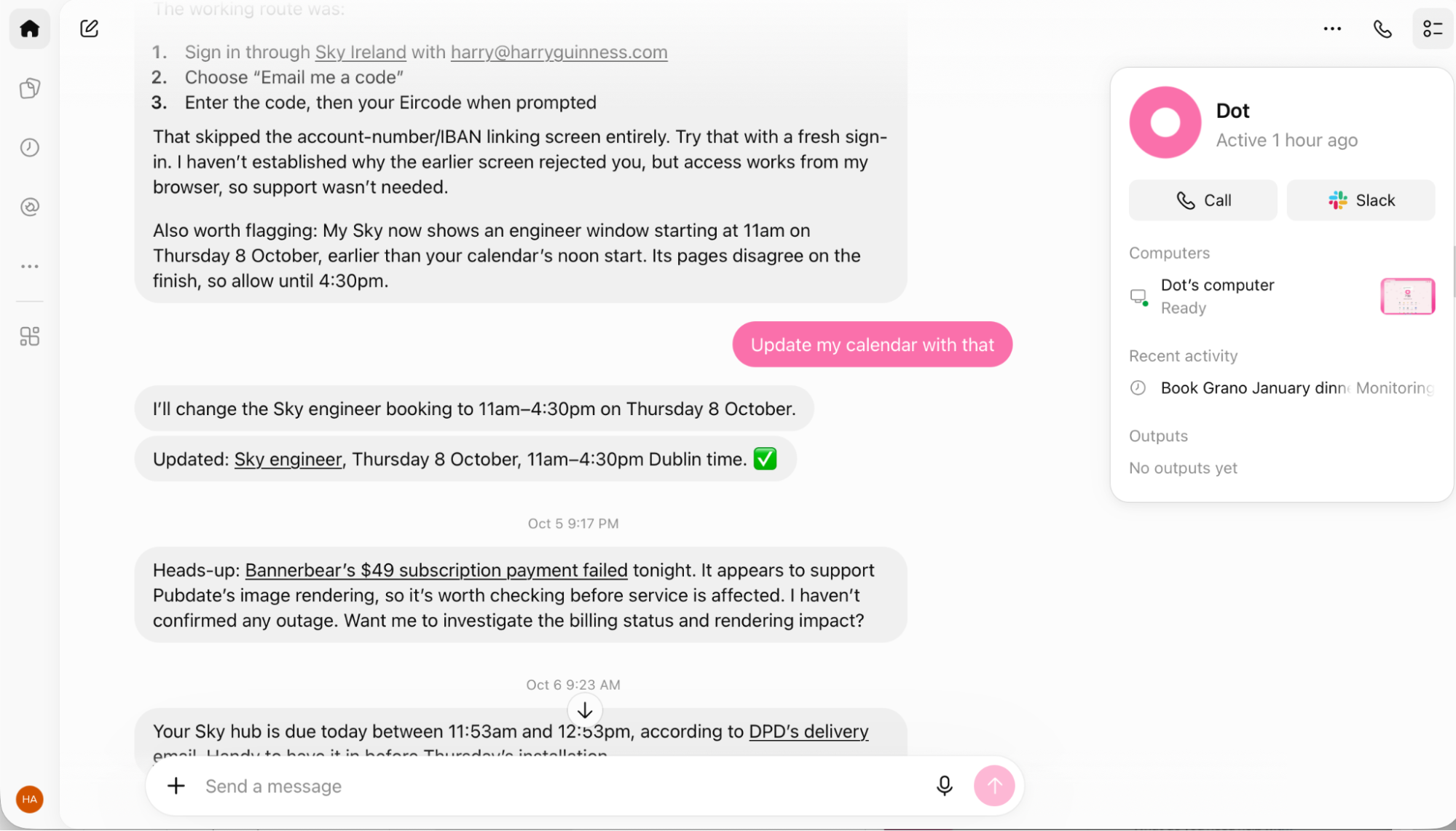 ChatGPT dots updating a calendar event and proactively suggesting other tasks