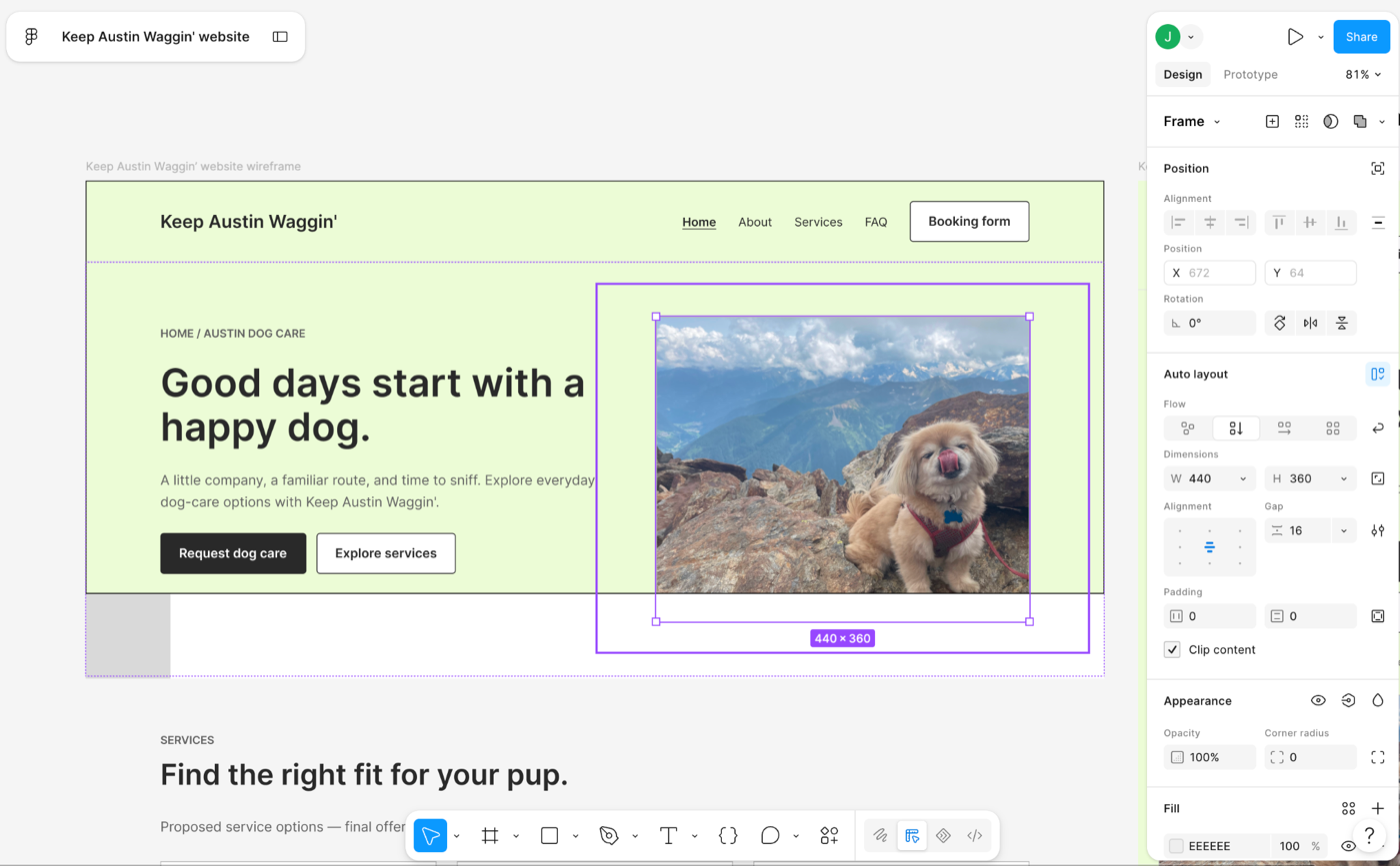 Dog photo placed in a Figma wireframe frame