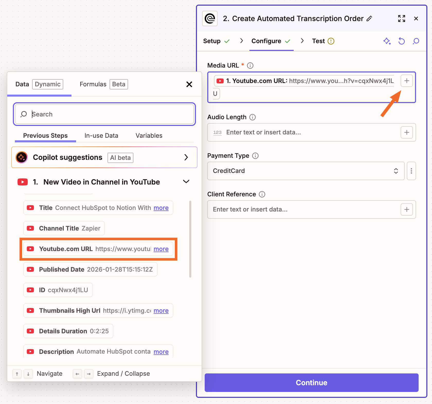 The Zap editor showing a Create Automated Transcription Order step with Media URL filled using a YouTube.com URL from the data picker