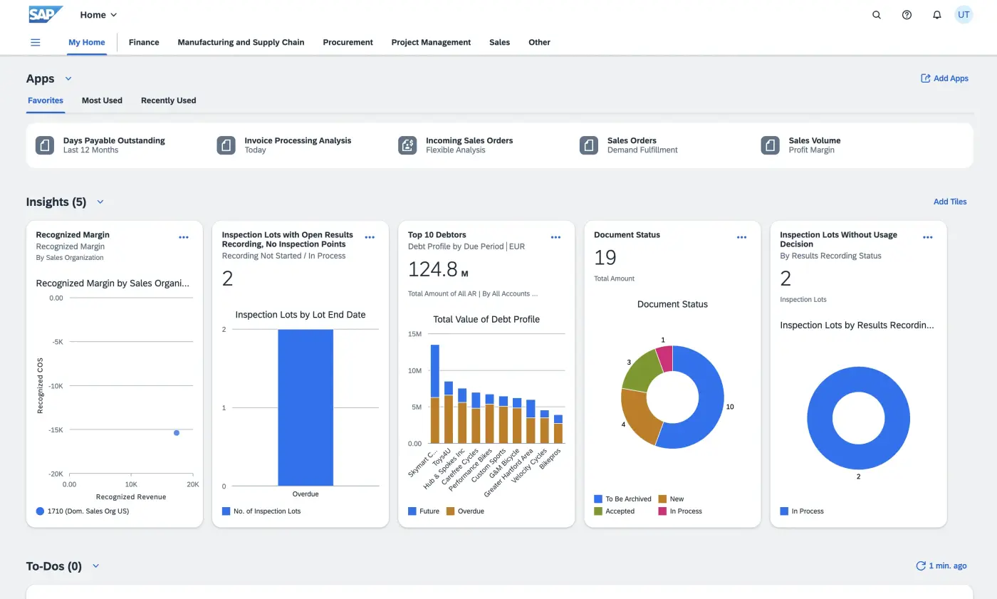 Screenshot of SAP S/4HANA ERP dashboard with various graphs.