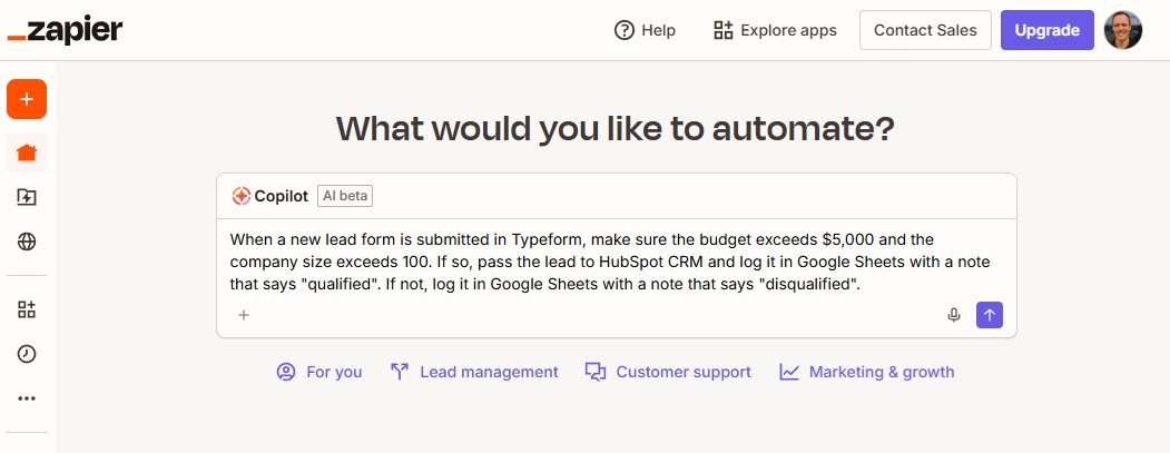 Entering a prompt into Zapier Copilot
