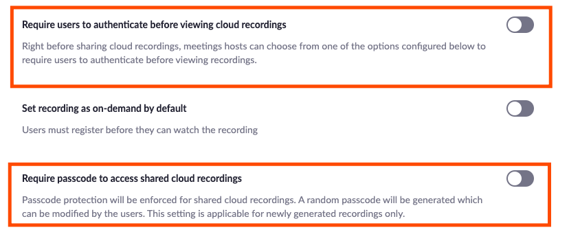 A screenshot of recording settings located in Zoom.