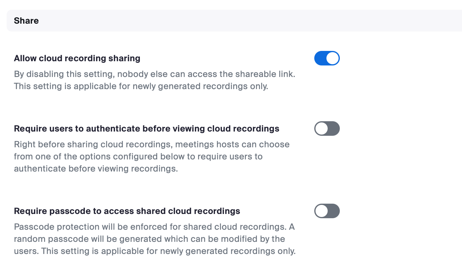 A screenshot of recording settings located in Zoom.