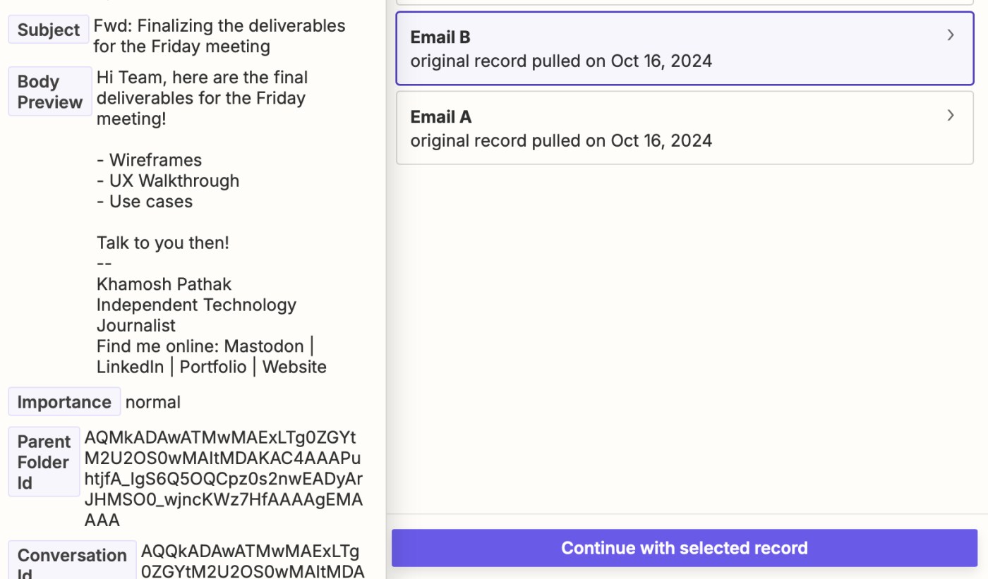 Sample emails from Microsoft Outlook in the Zap editor