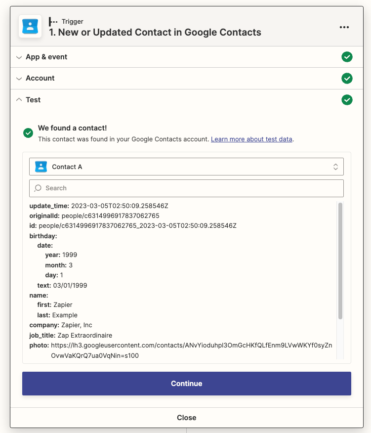 A test screen of a successful Zap that shows a found contact.