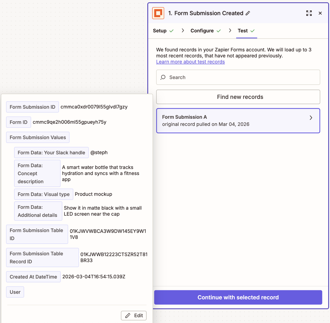The testing page for a Zapier Forms trigger step