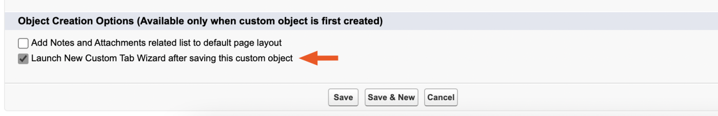 A screenshot of the "Launch New Custom Tab Wizard after saving this custom object" checkbox in Salesforce.