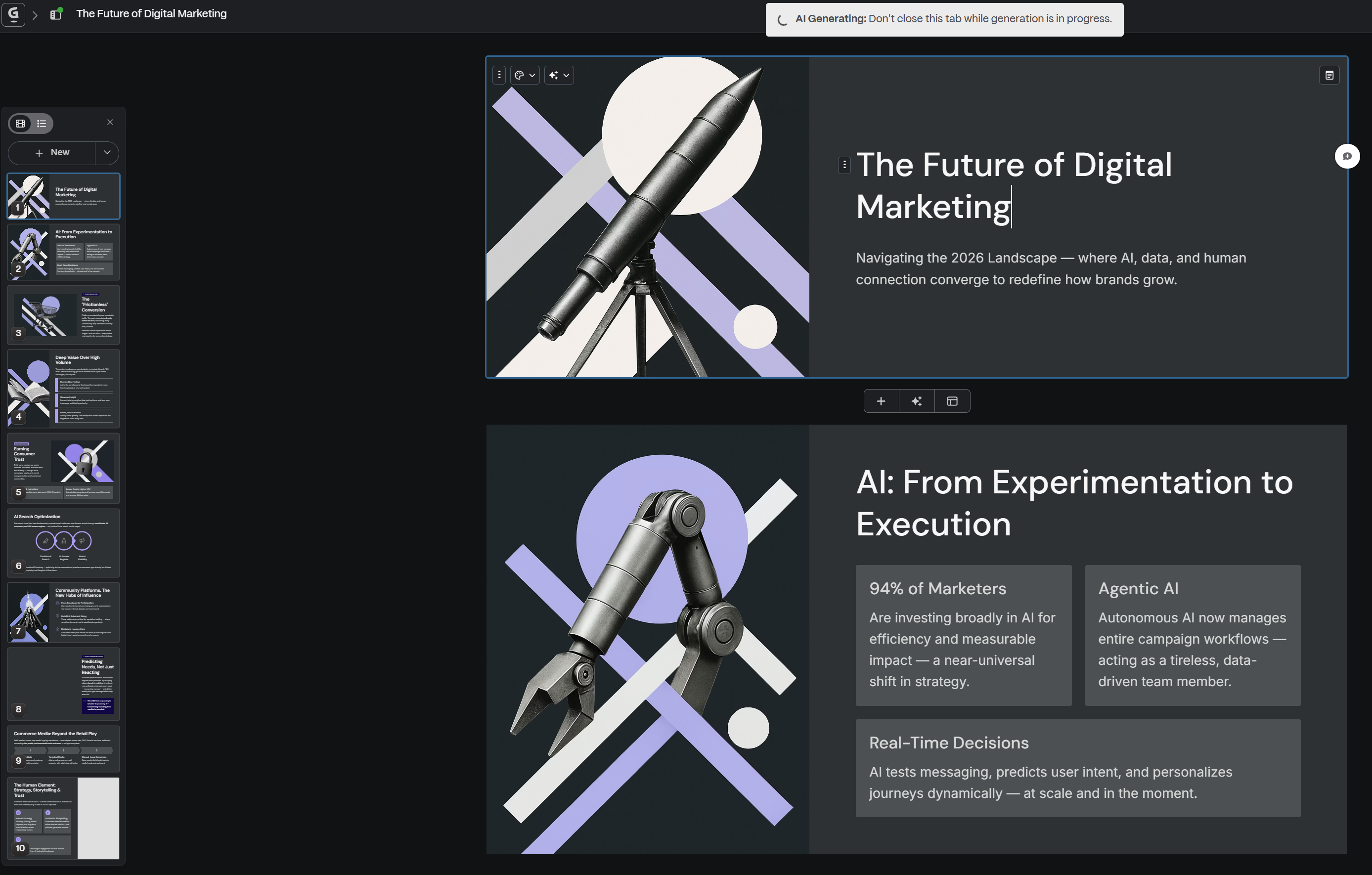 A screenshot of Gamma, a presentation creator tool. It is working on creating a slideshow about digital marketing, featuring abstract but bold images and text about the future of digital marketing.