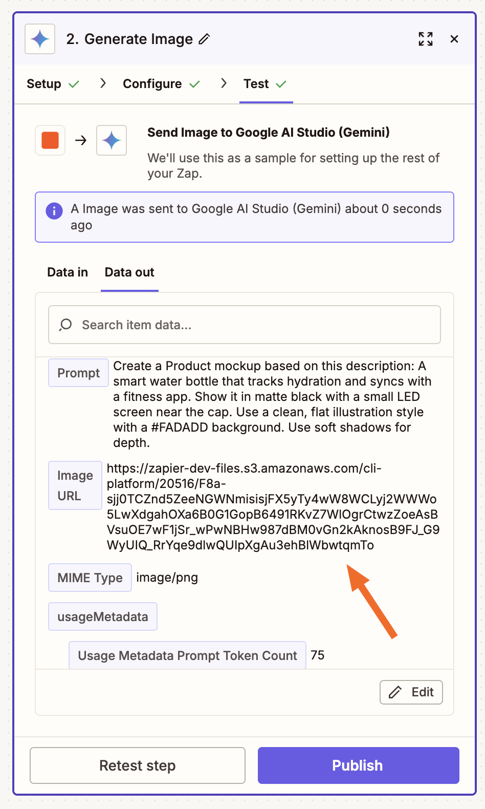 The testing page for a Gemini action step