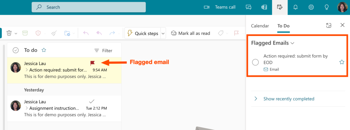 Flagged emails in the My Day To Do pane with an arrow pointing to the email source, which has been flagged.